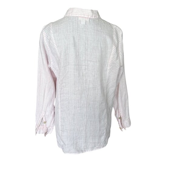 J.Jill Womens Petite M Long-Sleeve Pink Striped Button-Up Collared Linen Shirt - Picture 4 of 5